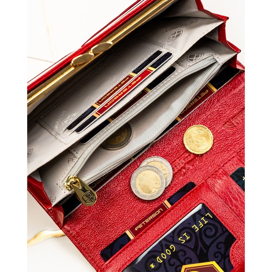 Червен дамски портфейл, изработен от естествена и еко кожа с копче тип „тик-так“ - Peterson