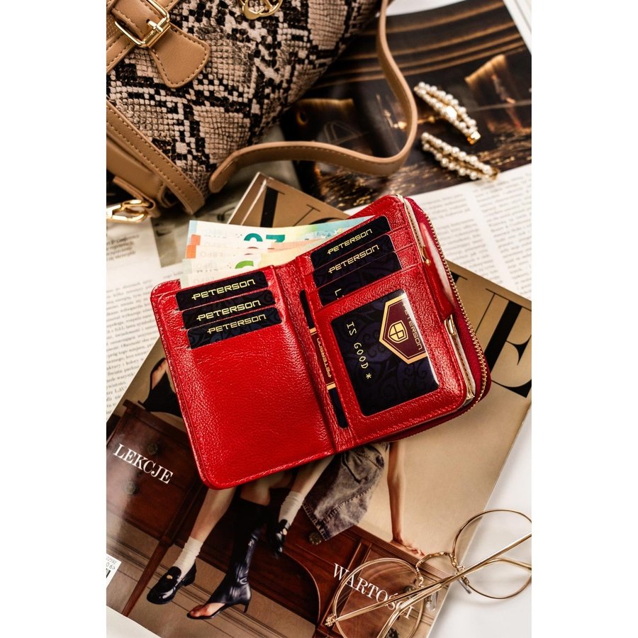 Елегантен, червен дамски портфейл от естествена кожа със система RFID - Peterson