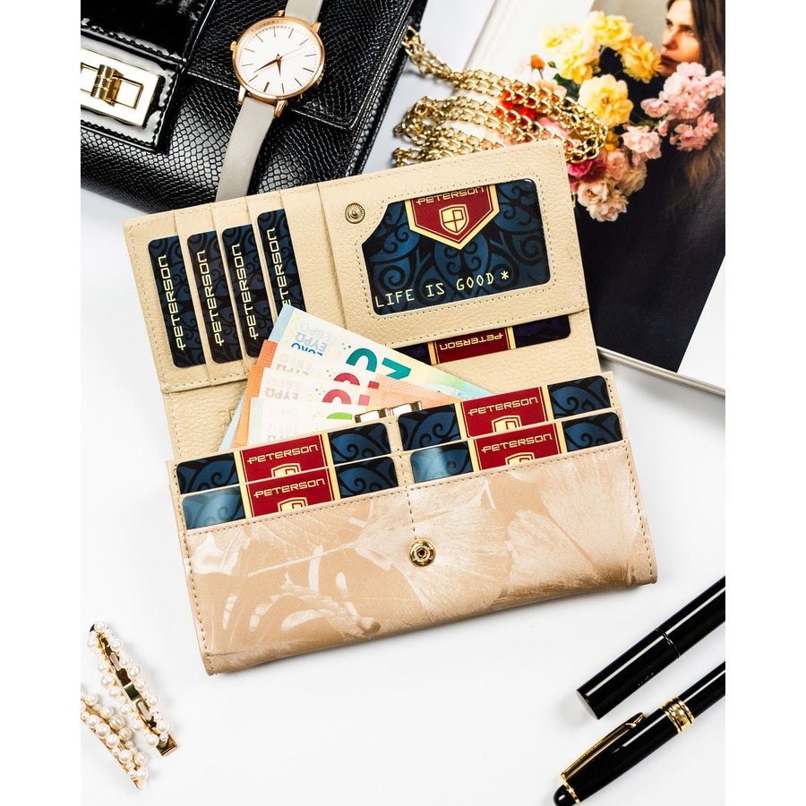Бежов дамски портфейл, изработен от естествена и еко кожа с растителен мотив - Peterson