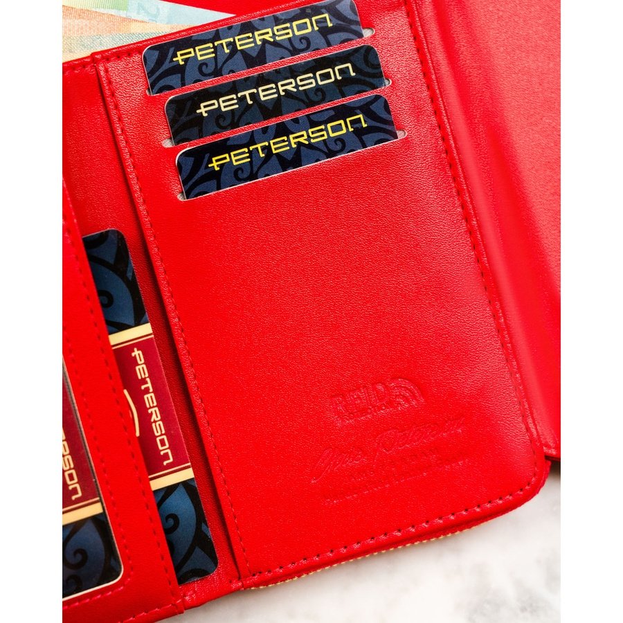 Портфейл от естествена и еко кожа в червен цвят и флорален мотив - Peterson