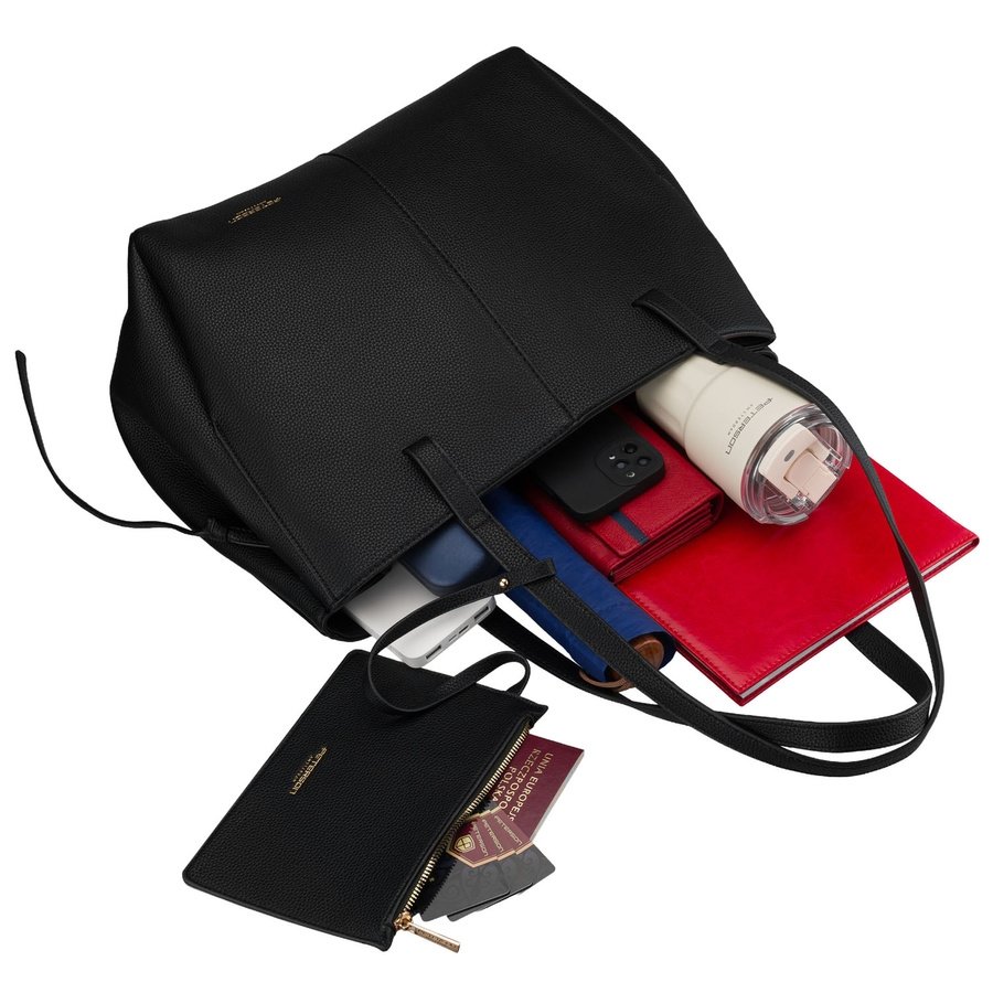 Черна дамска чанта за пазаруване, изработена от еко кожа с включен практичен калъф - Peterson