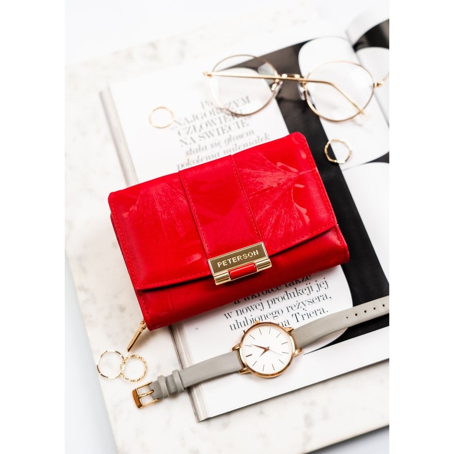 Портфейл от естествена и еко кожа в червен цвят и флорален мотив - Peterson
