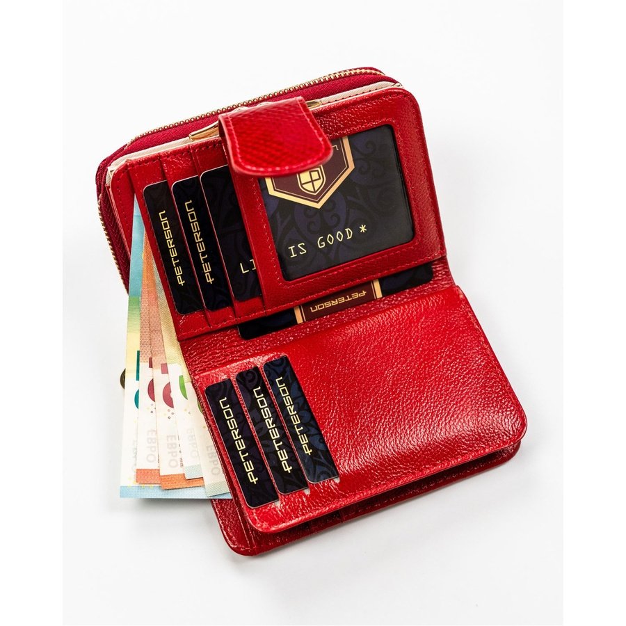 Елегантен, червен дамски портфейл от естествена кожа със система RFID - Peterson