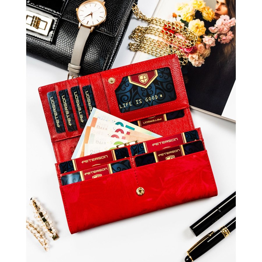 Голям, червен дамски портфейл, изработен от естествена и еко кожа с копче тип „тик-так“ - Peterson