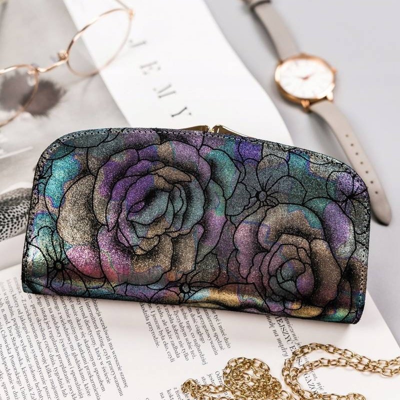 Голям, просторен портфейл от естествена кожа с флорален мотив - Peterson